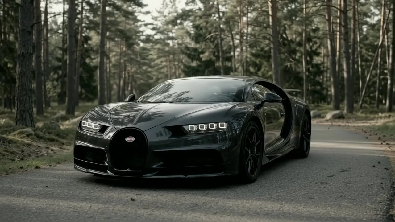 A black Bugatti Chiron on a forest road
